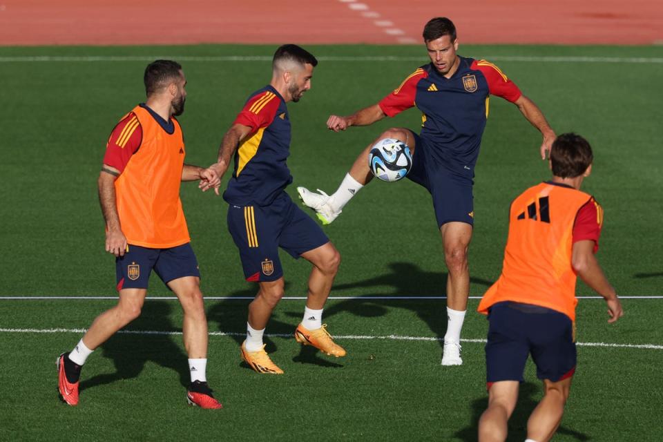 Spain's players attend a training session at the Ciudad del Futbol training facilities (AFP via Getty Images)