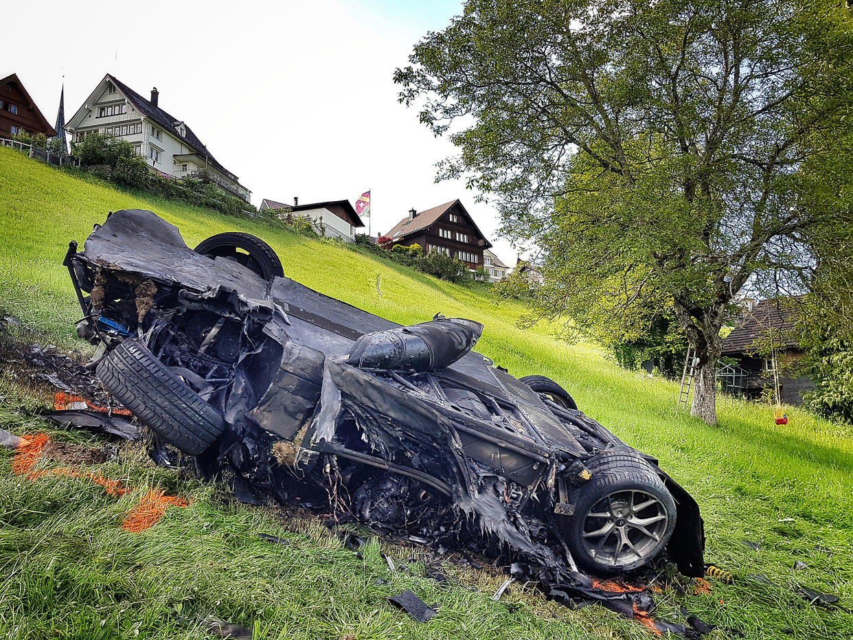 This photo issued by Freuds shows the car that was involved in a crash where Richard Hammond escaped serious injury, in Switzerland: Freuds via AP