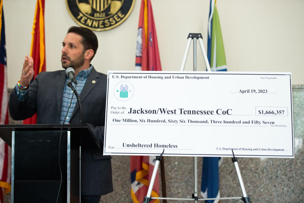 Mayor Scott Conger speaks during the HUD grant ceremony inside Jackson City Hall on Wednesday, Apr. 26, 2023. 