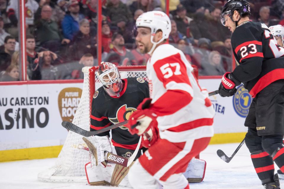 Senators goalie Cam Talbot reacts to a goal scored by Red Wings left wing David Perron in the second period on Monday, Feb. 27, 2023, in Ottawa, Ontario.