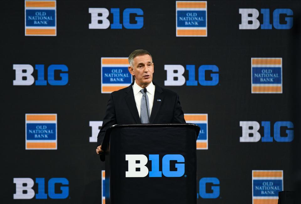 Big Ten commissioner Tony Petitti speaks to the media during the conference's 2023 football media days at Lucas Oil Stadium in Indianapolis.