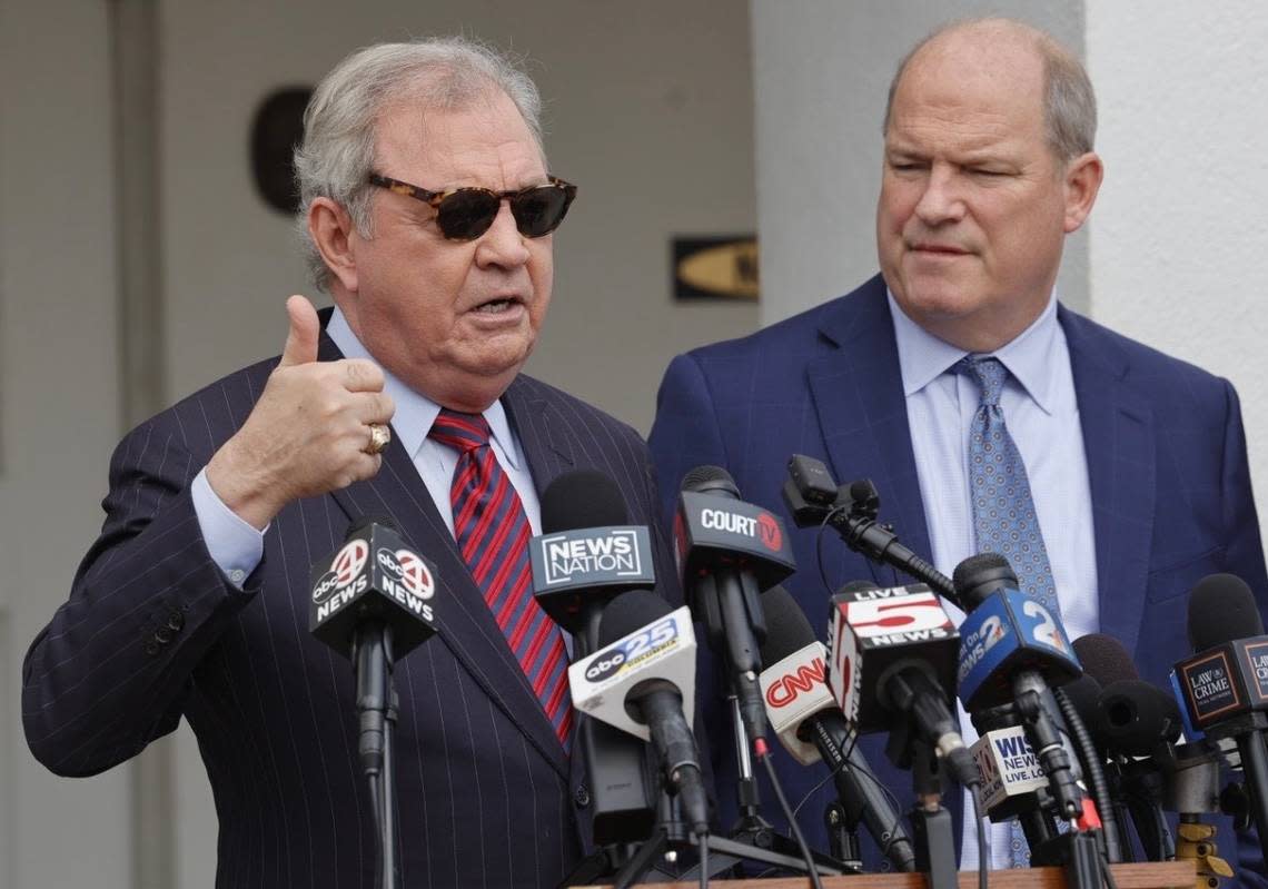 Alex Murdaugh’s defense attorneys, Dick Harpootlian, left, and Jim Griffin, speak to reporters after the sentencing hearing Friday, March 3, 2023, outside of the Colleton County Courthouse in Walterboro, S.C.