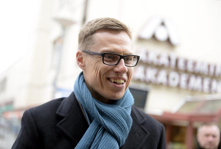 Finnish Prime Minister and leader of the National Coalition Party Alexander Stubb campaigns in Espoo, Finland on April 18, 2015