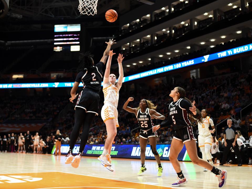 Tennessee's Sara Puckett (1) with the shot attempt while guarded by South Carolina's Ashlyn Watkins (2) during an NCAA college basketball game on Thursday, February 15, 2024 in Knoxville, Tenn.