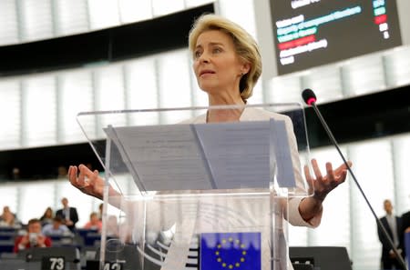 Elected European Commission President Ursula von der Leyen delivers a speech after a vote on her election at the European Parliament in Strasbourg