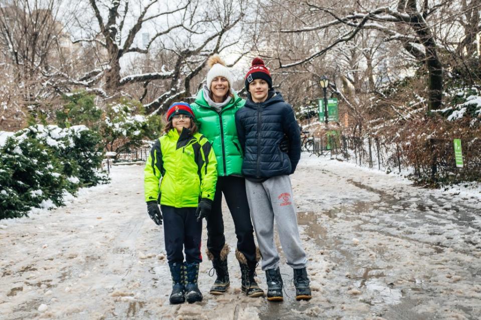 Deana Balahtsis-Thomas, lawyer and mom of three, says she let her 10-year-old (left) have a proper snow day when his school emailed saying remote learning was in session Tuesday with his Upper East Side school’s campus closed. EMMY PARK
