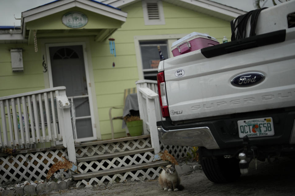 Grumpy, the Velazquez family cat, who managed to survive inside as storm waters reached within inches of the ceiling, sits out front of the house, in Fort Myers Beach, Fla., Wednesday, May 24, 2023. (AP Photo/Rebecca Blackwell)