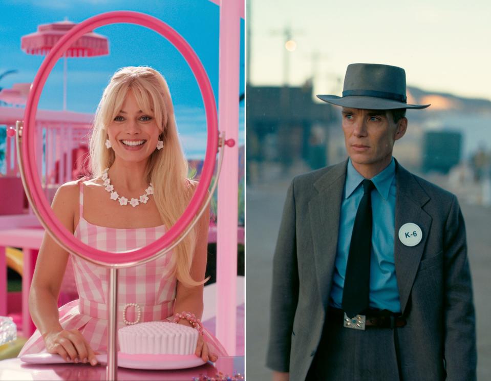 This combination of images shows Margot Robbie in a scene from "Barbie," left, and Cillian Murphy in a scene from "Oppenheimer."