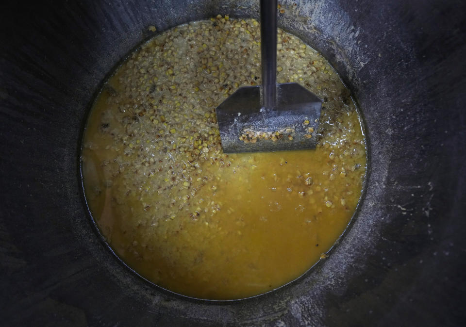 Corn kernels are nixtamalized at a "tortilleria" that only sells tortillas made with organic native corn, in the Condesa neighborhood of Mexico City, Wednesday, May 24, 2023. Some Mexican farmers are finding a niche but increasing market among consumers seeking organic produce from small-scale growers and chefs worldwide. (AP Photo/Fernando Llano)