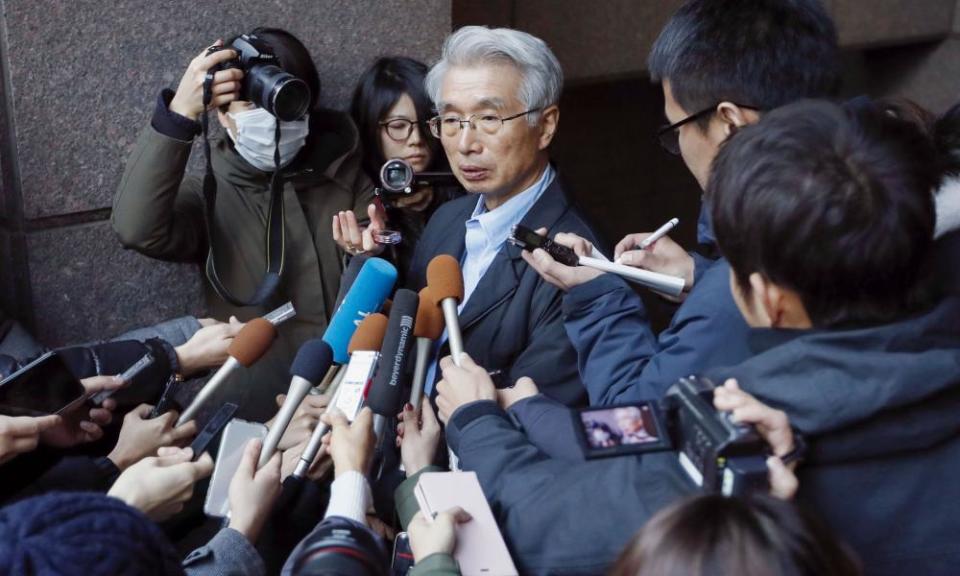 Junichiro Hironaka, Ghosn’s lawyer, facing questions from the media after the escape.