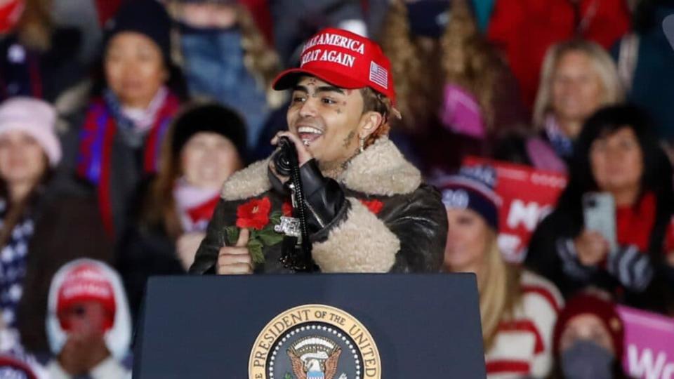 Lil Pump has his say in support of President Donald Trump during a late-night campaign rally in Grand Rapids, Michigan. Trump and his challenger, former Vice President Joe Biden, made last-minute stops in swing states ahead of today’s general election. (Photo by Kamil Krzaczynski/Getty Images)