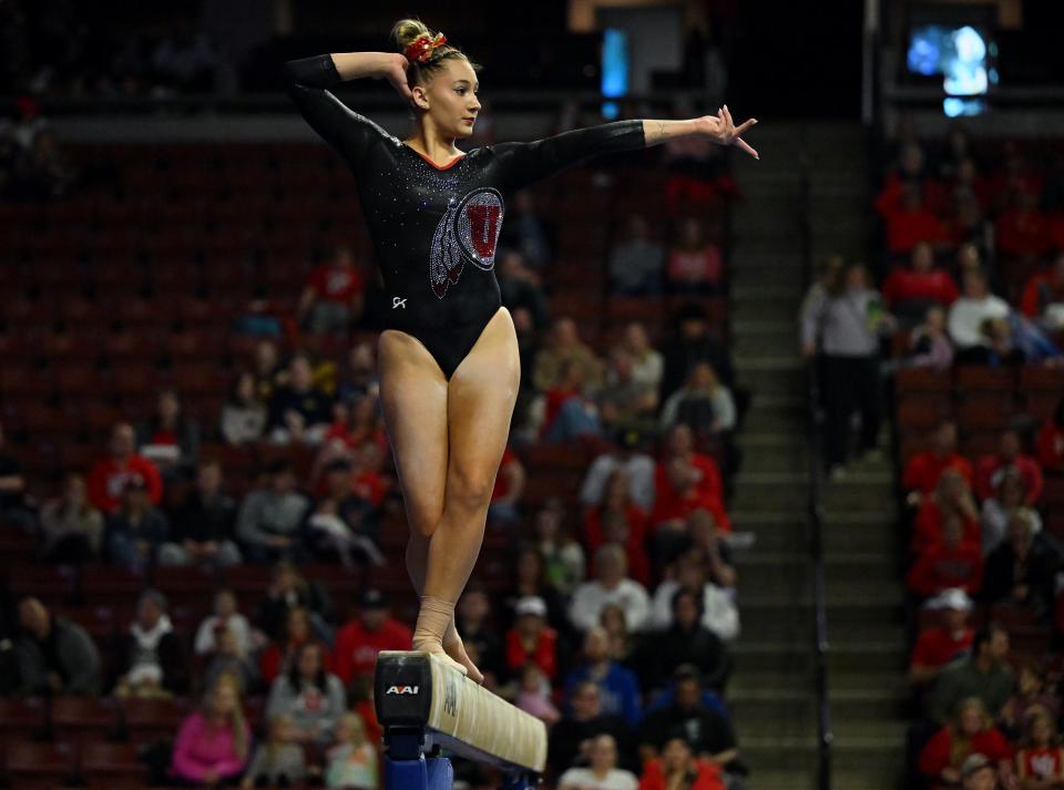 Utah’s Makenna Smith, performs her Beam routine as BYU, Utah, SUU and Utah State meet in the Rio Tinto Best of Utah Gymnastics competition at the Maverick Center in West Valley City on Monday, Jan. 15, 2024. | Scott G Winterton, Deseret News