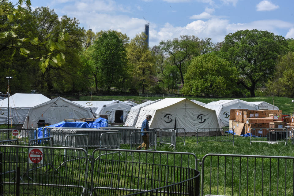 The white tents of the Samaritan's Purse field hospital stand in a field in Central Park across the street from Mt. Sinai Hospital on May 4, 2020 on the Upper East Side. (Stephanie Keith/Getty Images)