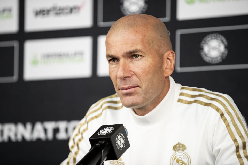 WASHINGTON, DC - JULY 22: Zinedine Zidane head coach of Real Madrid CF talks to reporters before the International Champions Cup Friendly match between Arsenal and Real Madrid.  The press conference was held at Audi Field on July 22, 2019 in Washington, DC, USA.  (Photo by Ira L. Black/Corbis via Getty Images)