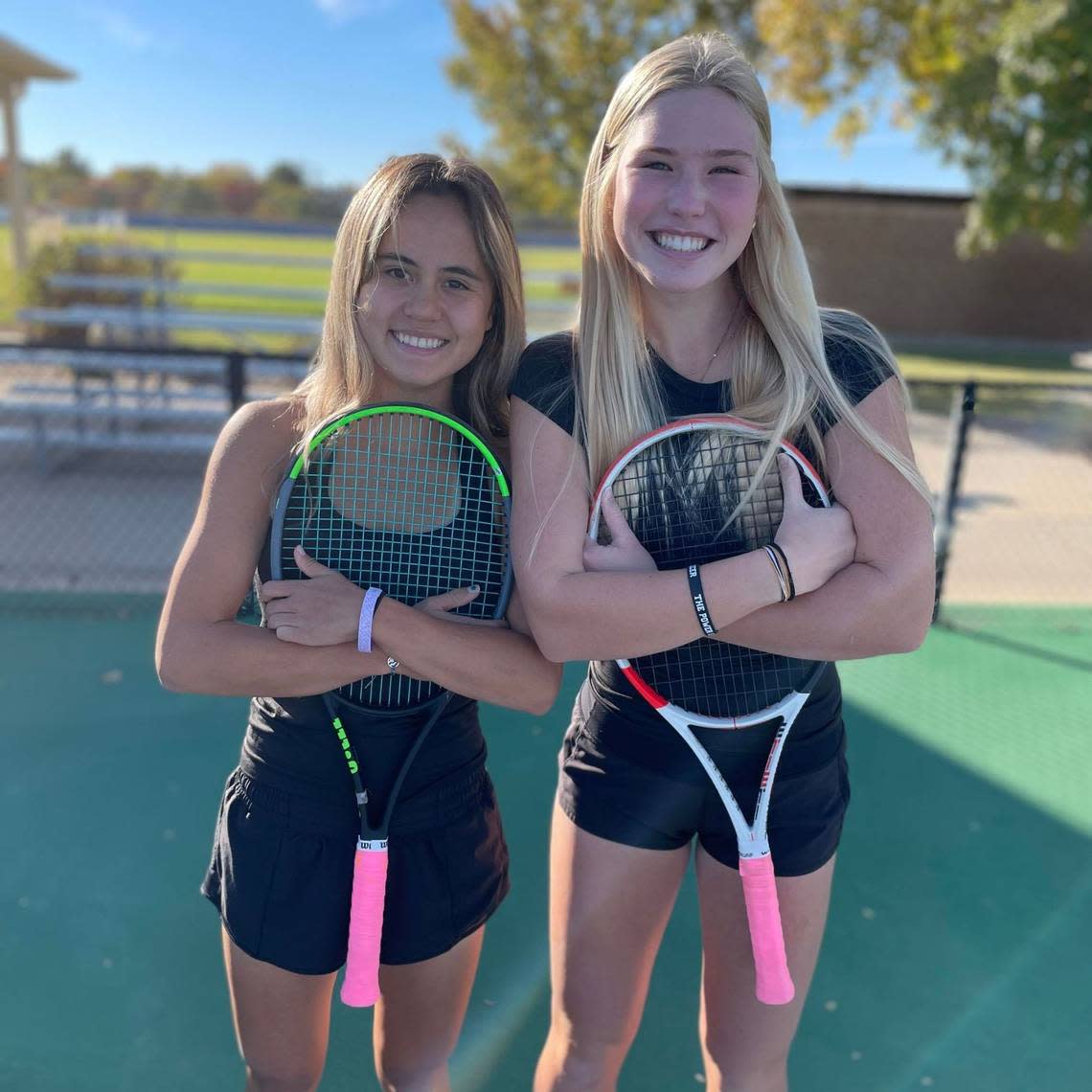The Andover Central doubles team of senior Maya Chon, left, and sophomore Bryer Geoffroy, right.