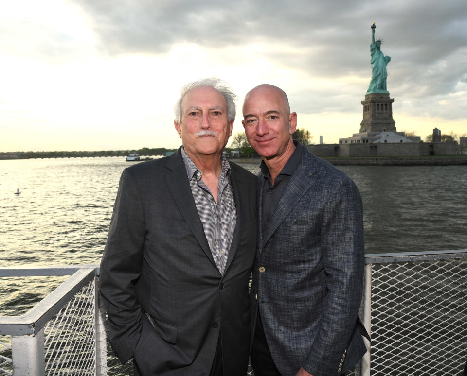 NEW YORK, NEW YORK - MAY 15: Miguel Bezos and Jeff Bezos arrive at the Statue Of Liberty Museum Opening Celebration at Battery Park on May 15, 2019 in New York City. (Photo by Kevin Mazur/Getty Images for Statue Of Liberty-Ellis Island Foundation)