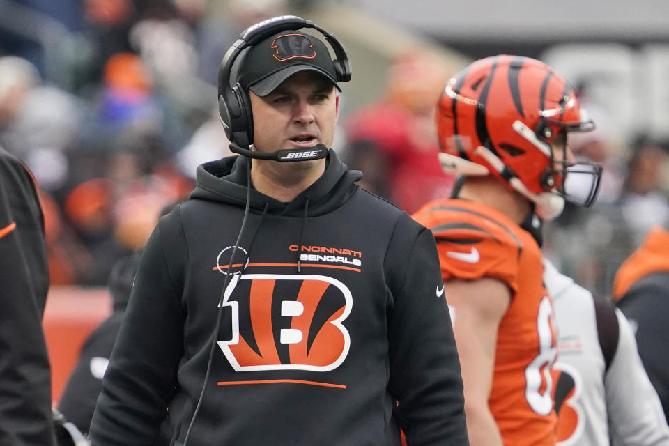 Cincinnati Bengals head coach Zac Taylor looks on during the first half of an NFL football game against the Kansas City Chiefs, Sunday, Jan. 2, 2022, in Cincinnati. (AP Photo/Jeff Dean)