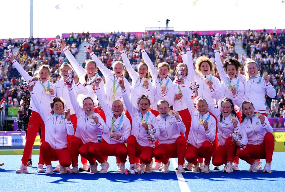 England’s women team celebrate Commonwealth Games hockey gold for the first time at Birmingham 2022 (Joe Giddens/PA) (PA Wire)