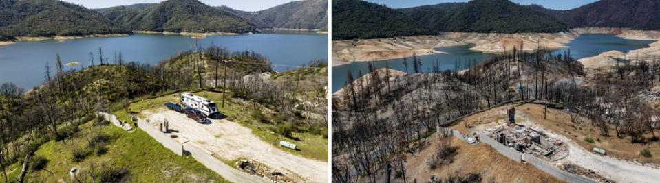 A trailer stands at a property that was scorched in the 2020 North Complex Fire above Lake Oroville on March 26, 2023, and the same location on May 23, 2021, in Oroville, Calif. (AP Photo/Noah Berger)