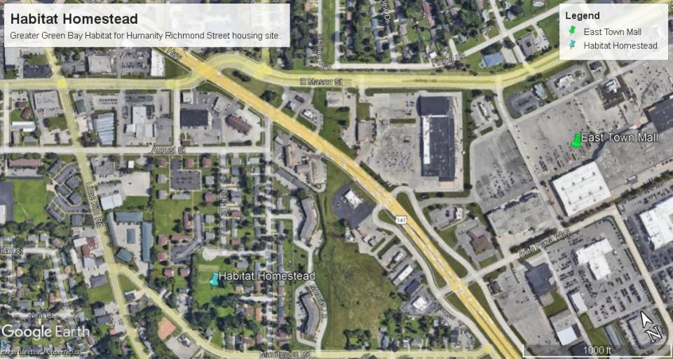 A locator map shows the Richmond Street site where Greater Green Bay Habitat for Humanity plans to build 14 affordable, owner-occupied homes. The site is across Main Street, west of East Town Mall.