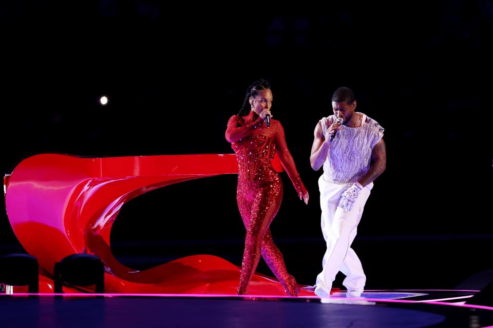 Alicia Keys and Usher perform during the Super Bowl LVIII Halftime Show.