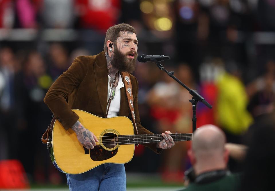 Post Malone performs "America the Beautiful" at the 2024 Super Bowl.