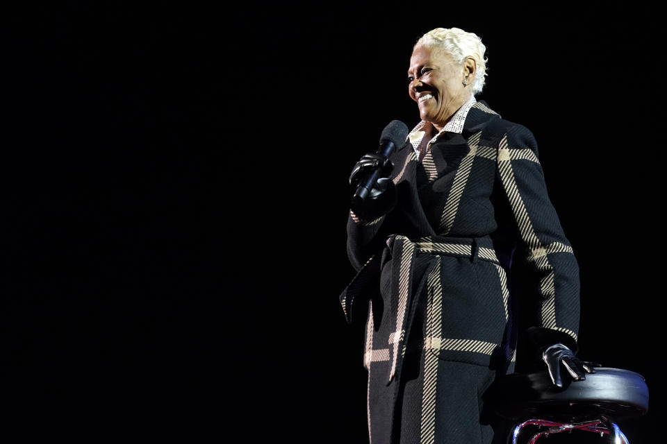 Dionne Warwick performs after President Joe Biden and first lady Jill Biden lit the National Christmas Tree on the Ellipse, near the White House, Thursday, Nov. 30, 2023, in Washington. (AP Photo/Andrew Harnik)