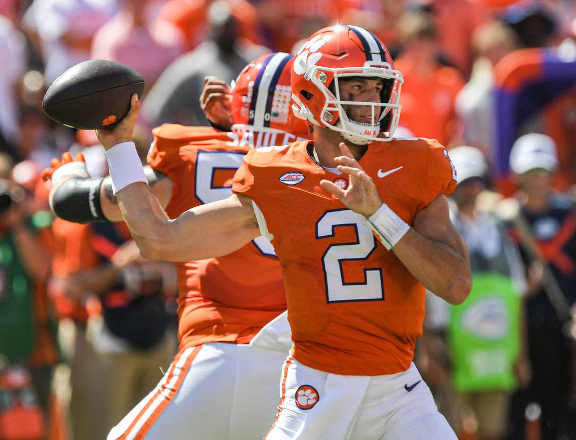 Clemson quarterback Cade Klubnik is completing 63% of his passes and has thrown for 2,580 yards and 19 touchdowns with eight interceptions so far this season.