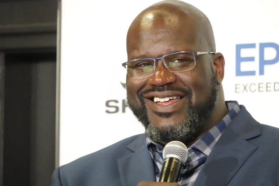 Former basketball pro Shaquille O'Neal at a Los Angeles press conference