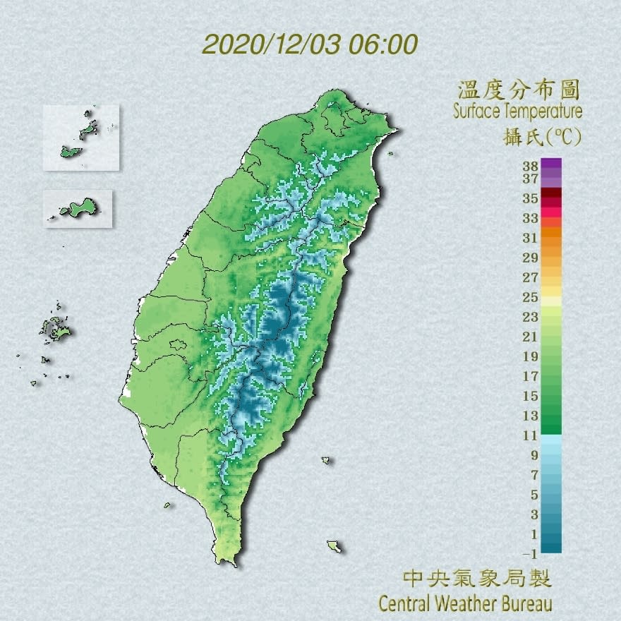 今天白天高溫在北部、東北部不超過20度。（圖／中央氣象局）