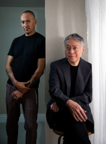 Writer Kazuo Ishiguro, right, and director Oliver Hermanus, left, behind the film, "Living,"