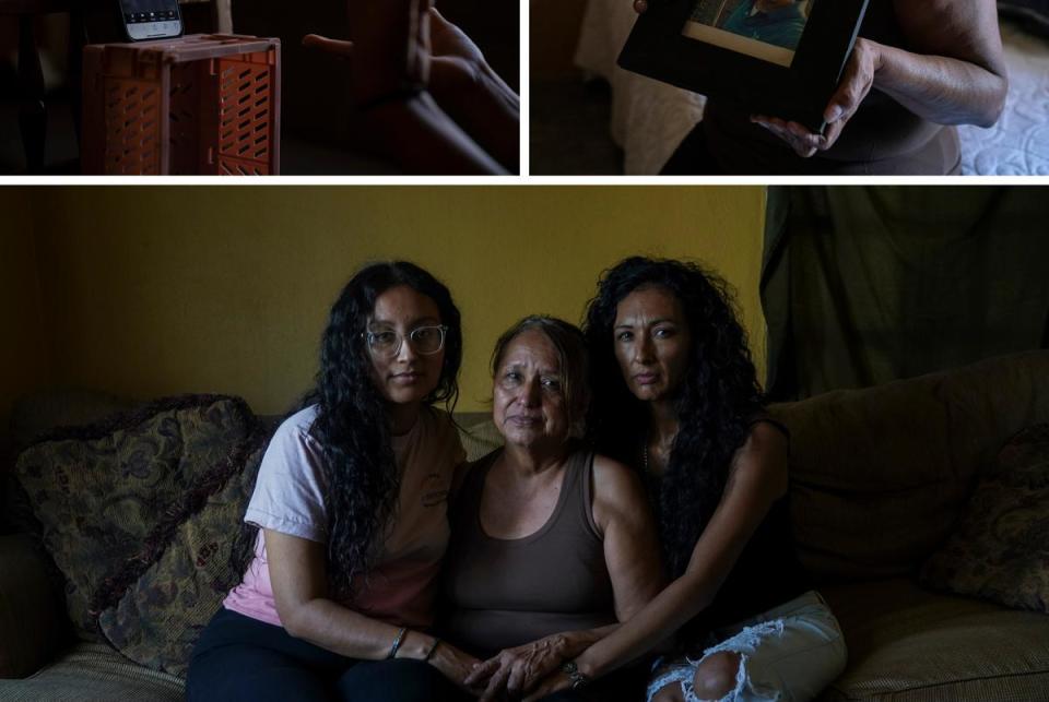 Top left: Claudia González shares her story on a live stream with members of the Dreamers 2gether group. Top right: Guadalupe González holds a photo of her son, who hasn’t been heard from since he was kidnapped in 2020. Bottom: From left: Claudia González, her mother Guadalupe González, and her sister Ma Guadalupe González at their home in Tamaulipas.