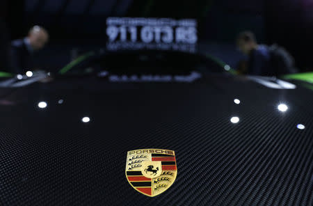 Detail view of the hood and logo on the 2019 Porsche 911 GT3 RS being displayed at the New York Auto Show in the Manhattan borough of New York City, New York, U.S., March 28, 2018. REUTERS/Shannon Stapleton - HP1EE3S1G8JKA