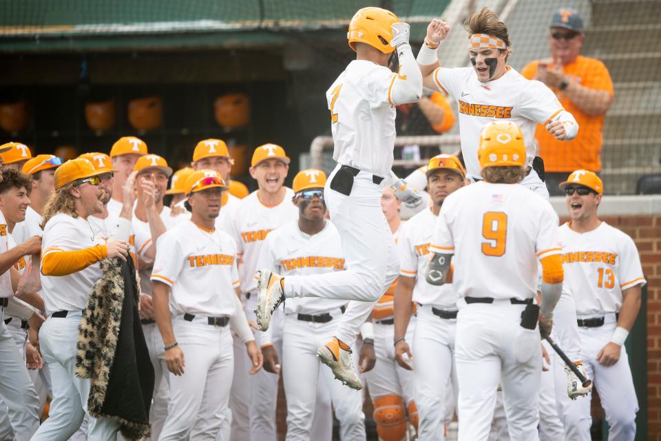 The Vols celebrate Jorel Ortega's home run during the NCAA Baseball Tournament Knoxville Regional between the Tennessee Volunteers and Alabama State Hornets held at Lindsey Nelson Stadium on Friday, June 3, 2022. 