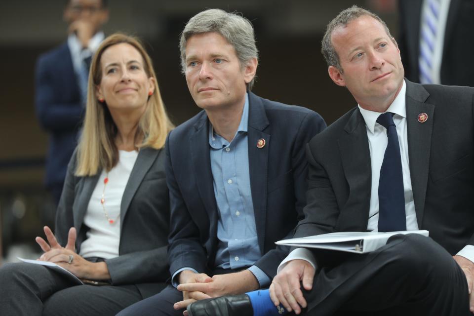 Congressmen Tom Malinowski  is shown between, Congresswoman Mikie Sherrill and Congressman Josh Gottheimer, all of whom spoke in Secaucus in favor of a new Portal Bridge. Wednesday, August 28, 2019