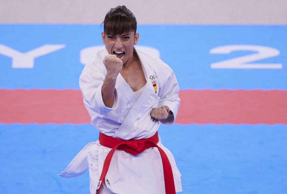 TOKYO, JAPAN - AUGUST 05: (BILD ZEITUNG OUT) Sandra Sanchez of Spain compete in the Women's Kata Final Karate Bout on day thirteen of the Tokyo 2020 Olympic Games at Nippon Budokan on August 5, 2021 in Tokyo, Japan. (Photo by Berengui/DeFodi Images via Getty Images)