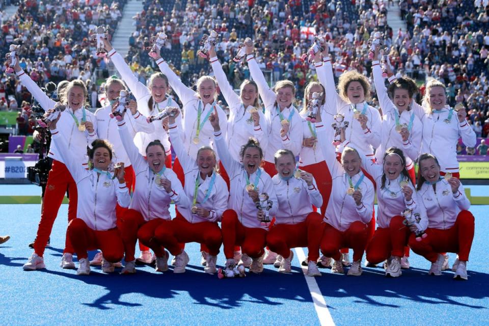 England celebrated getting their hands on gold on a memorable afternoon at the University of Birmingham  (Getty Images)