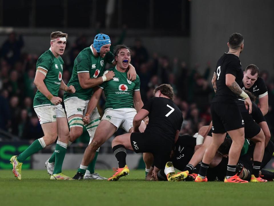 James Lowe of Ireland gets fired up after a tackle (Getty)