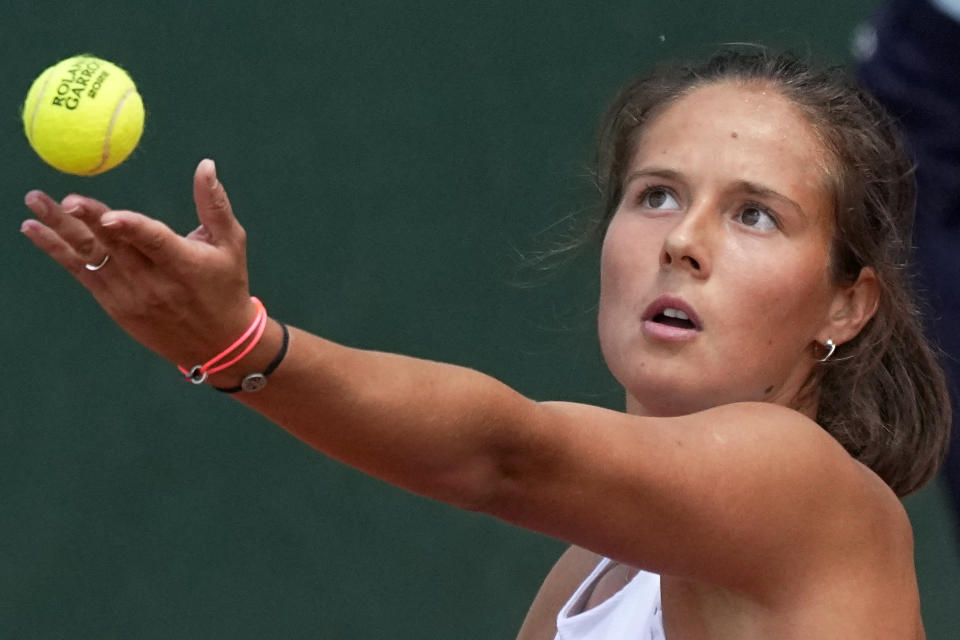 Russia's Daria Kasatkina serves against Shelby Rogers of the U.S. during their third round match at the French Open tennis tournament in Roland Garros stadium in Paris, France, Saturday, May 28, 2022. (AP Photo/Michel Euler)