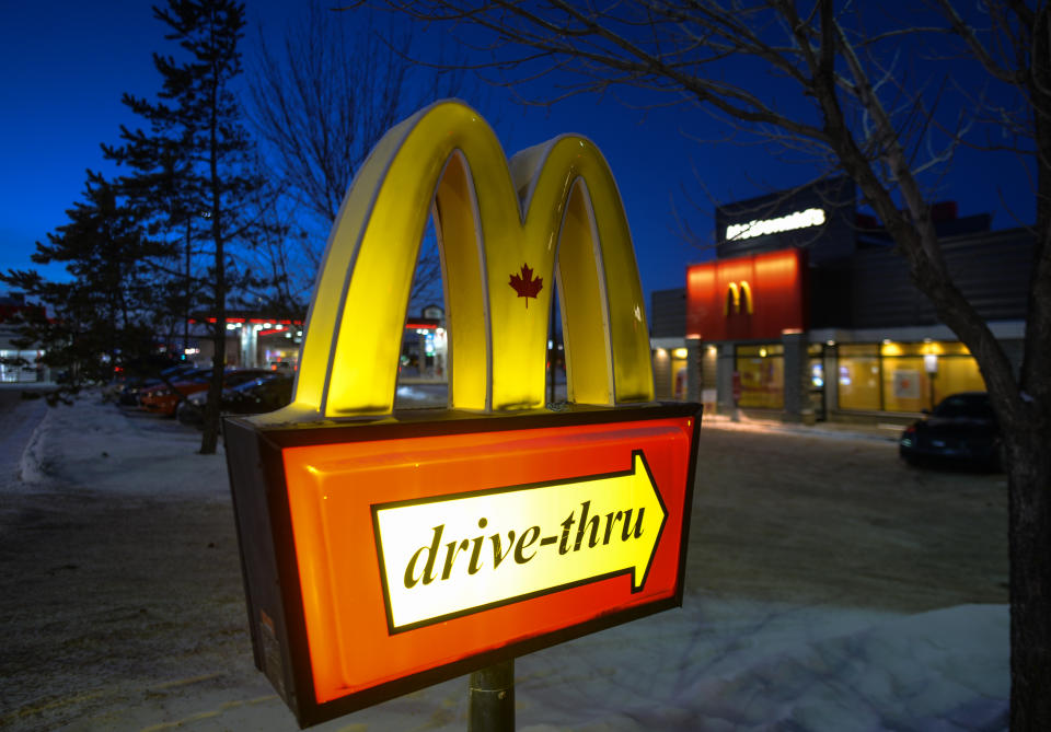 Drive-Thru sign outside McDonald's in South Edmonton.
On Wednesday, January 19, 2021, in Edmonton, Alberta, Canada. (Photo by Artur Widak/NurPhoto via Getty Images)