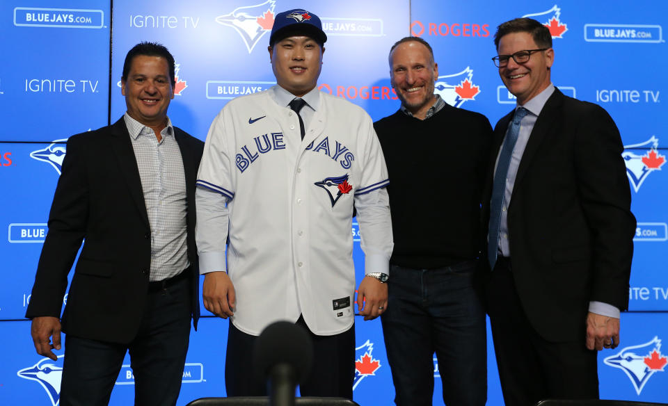 TORONTO, ON- DECEMBER 27  -  Charlie Montoyo,  Blue Jays president and CEO Mark Shapiro and General Manager Russ Atkins pose as The Toronto Blue Jays host a media availability with new signed free agent left handed pitcher Hyun-Jin Ryu  at  Rogers Centre in Toronto. December 27, 2019.        (Steve Russell/Toronto Star via Getty Images)