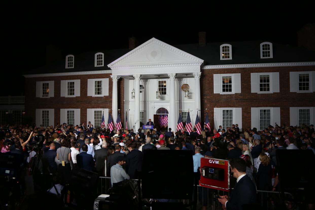 Former President Donald Trump spoke to a crowd of supporters outside the clubhouse of his Trump National Golf Club on June 13,2023 in Bedminster, NJ, hours after he was arraigned in Miami.