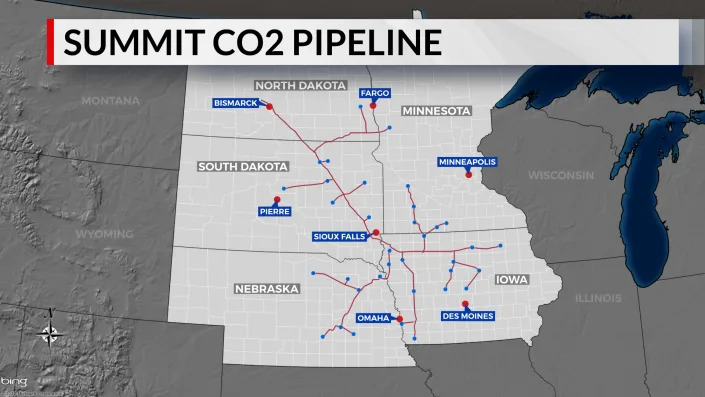This map, based on information in March 2022, shows the proposed route of the 2,000-mile Summit Carbon Solutions CO2 pipeline that will carry pressurized carbon dioxide from ethanol plants to a sequestration site a mile underground in central North Dakota. About 470 miles of the pipeline would be located in South Dakota.