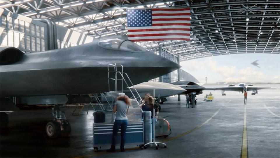 A view of the notional NGAD concept's nose seen in the 2021 ad. <em>Northrop Grumman</em>/<em>YouTube screencap</em>