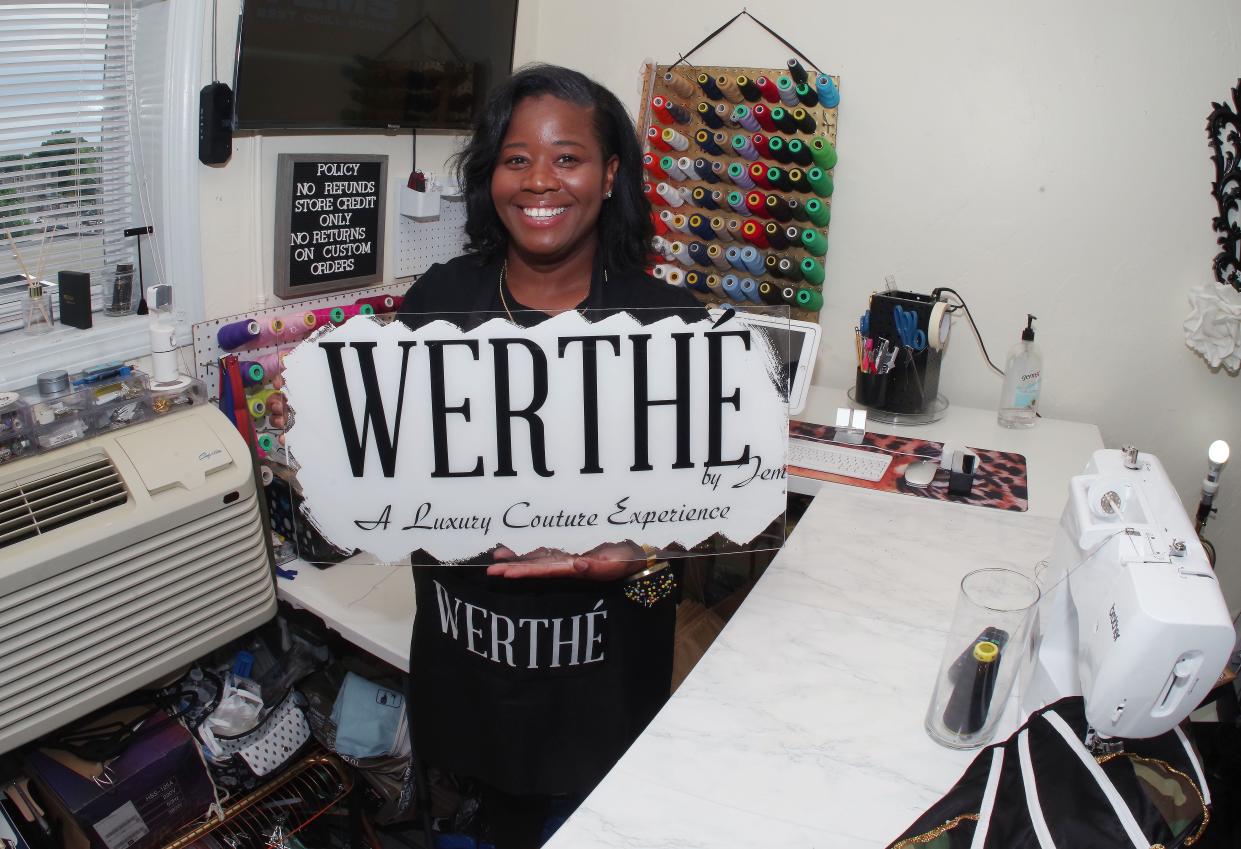 Custom fashion designer Jawanda Evans of Brockton, owner of Werthé by Jem, is in her studio on Tuesday, July 26, 2022. Evans is a nurse who used to work full time, but then her business took off. She still puts in a few days a week at a local medical facility.