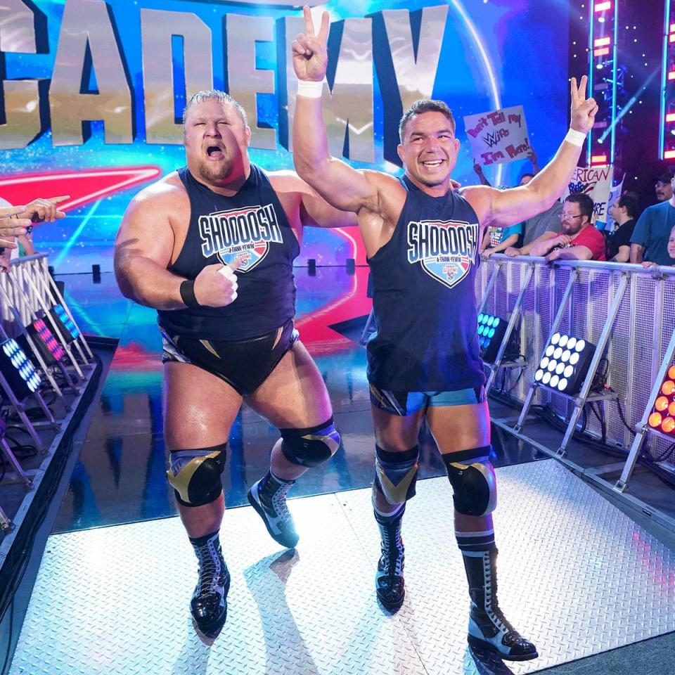 Otis, left, and his partner, Chad Gable, have found success as the Alpha Academy, holding the Raw Tag Team Championships earlier this year.