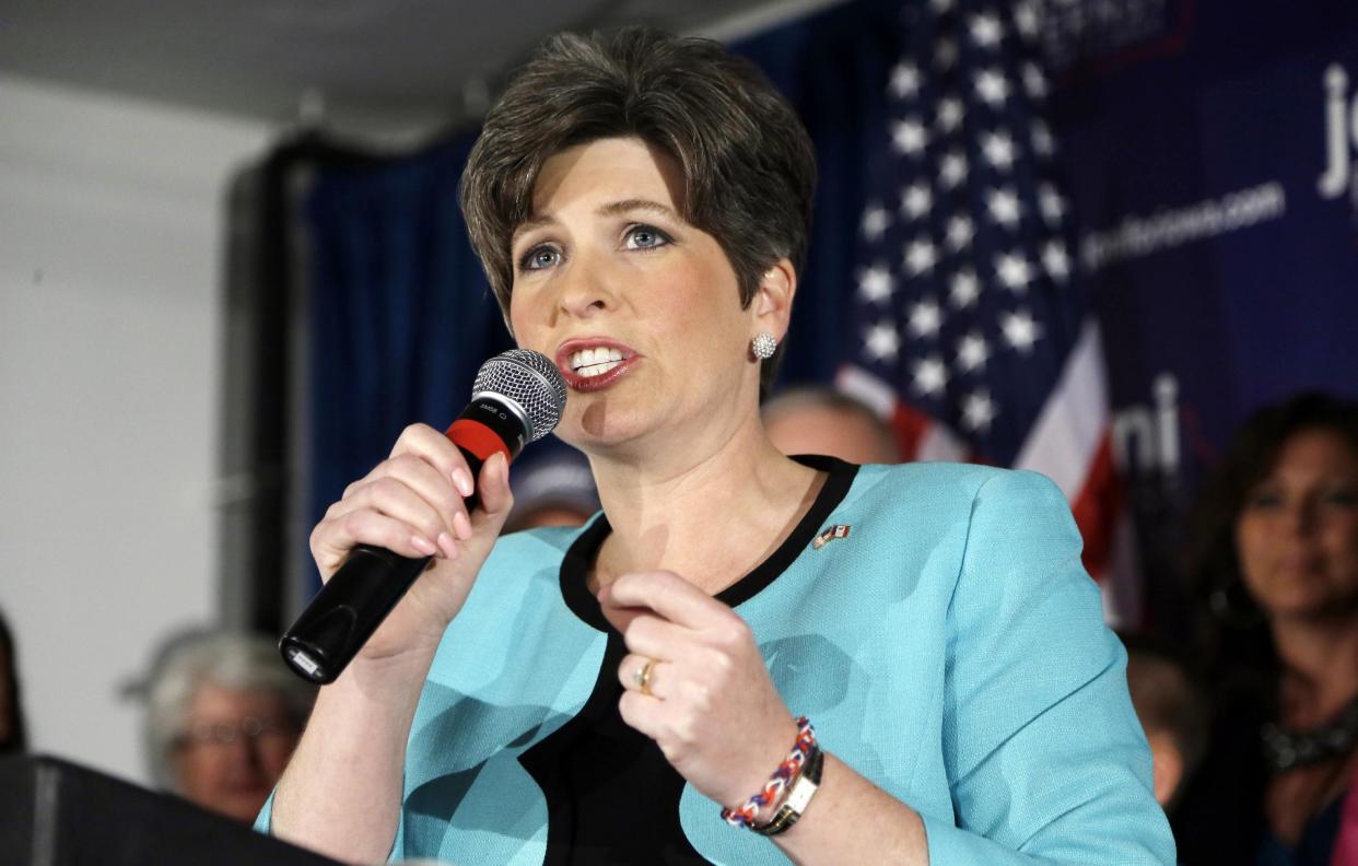 State Sen. Joni Ernst speaks to supporters at a primary election night rally after winning the Republican nomination for the U.S. Senate, Tuesday, June 3, 2014, in Des Moines, Iowa. The 43-year-old Ernst won the nomination over five candidates. (AP Photo/Charlie Neibergall)