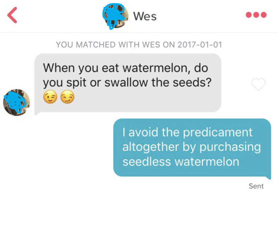 A guy messaging a woman "when you eat watermelon do you spit or swallow the seeds?"