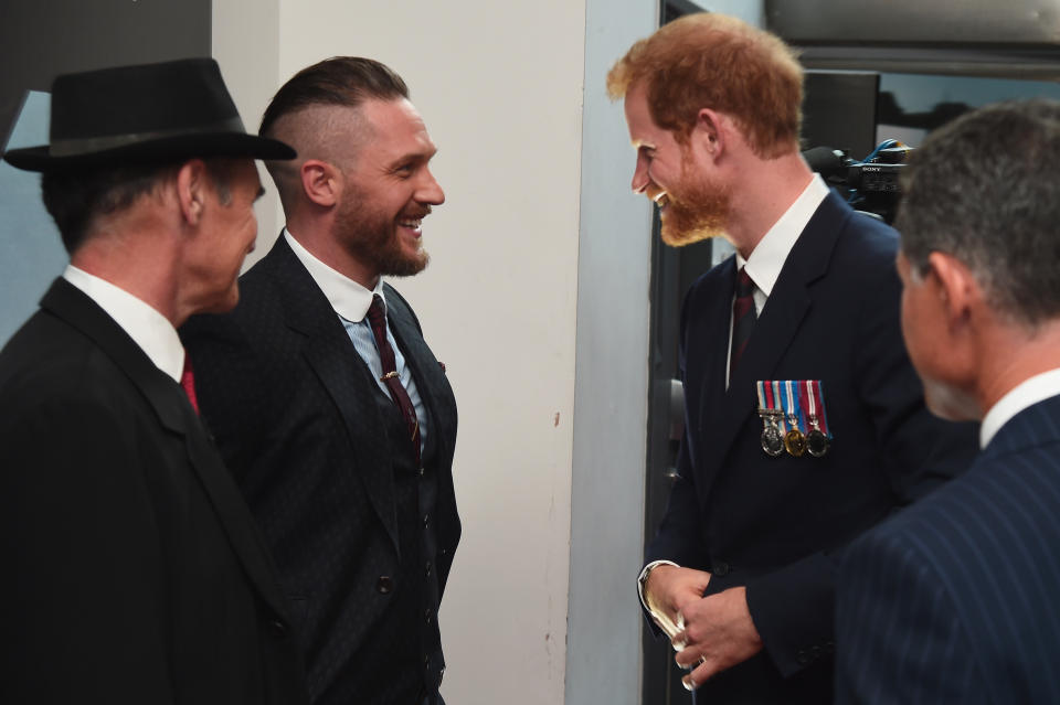 Harry and Hardy share a laugh at the "Dunkirk" world premiere on July 13, 2017, in London. (Photo: Eamonn M. McCormack via Getty Images)