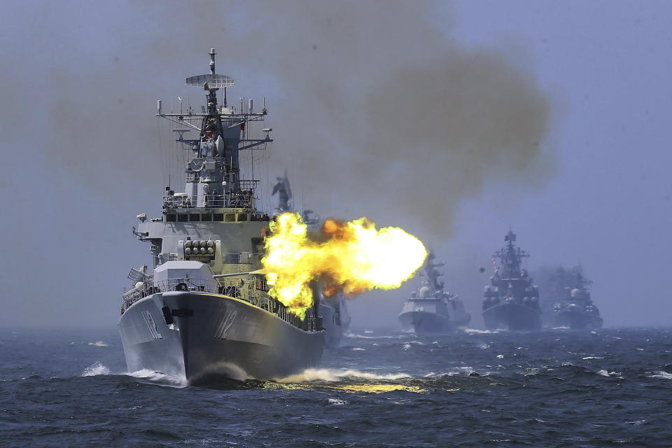FILE - In this file photo taken Saturday, May 24, 2014, China's Harbin (112) guided missile destroyer takes part in a week-long China-Russia "Joint Sea-2014" navy exercise at the East China Sea off Shanghai, China. A Russian naval task force has arrived in the northern Chinese port of Qingdao ahead of joint naval exercises that reinforce the growing bond between Beijing and Moscow. (AP Photo)